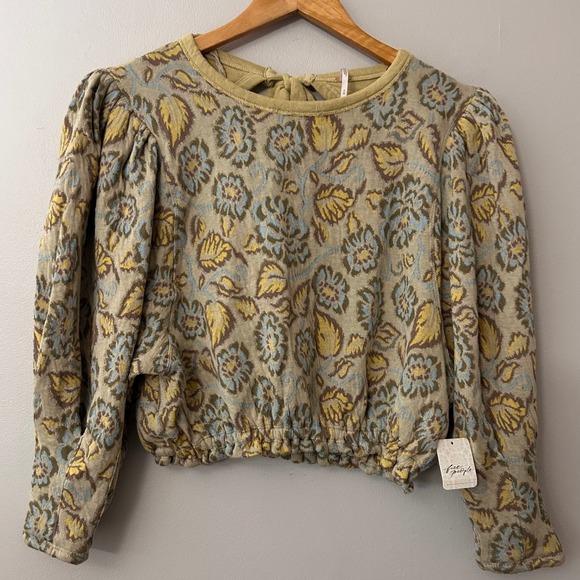 Free People Tops - Free People Shirt Womens Medium Floral Jacquard‎ Puff Sleeve Open Back Boho NWT